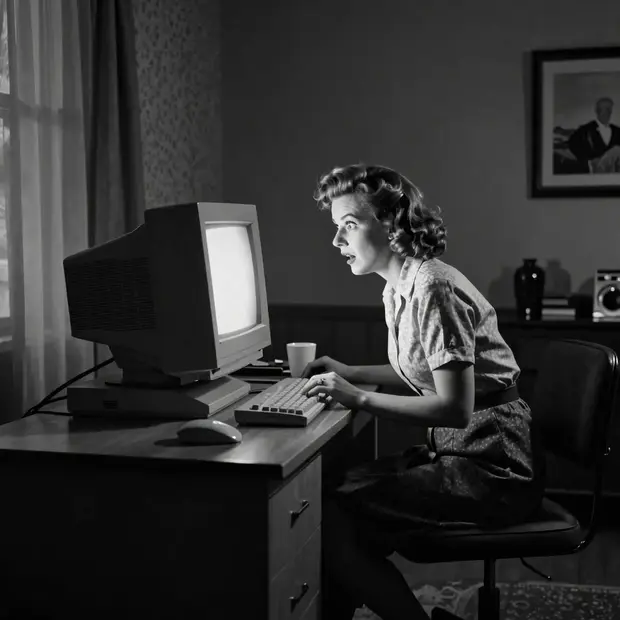 Woman amazed by website on vintage computer